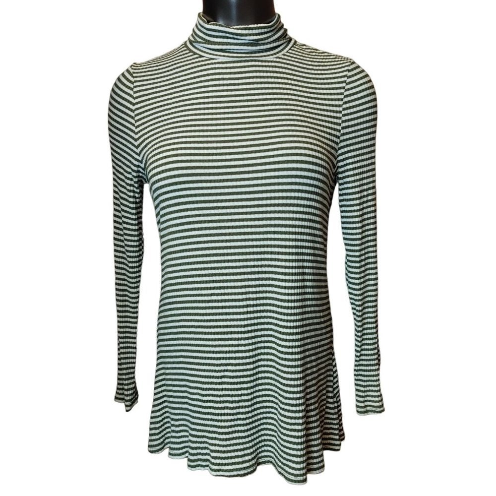 FADED GLORY Womens S (4-6) Sea Turtle Green Striped Ribbed Mockneck Swing Top